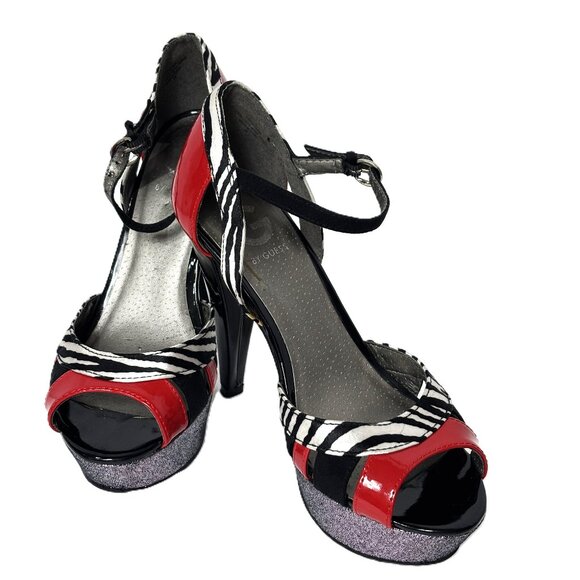 G by Guess Stiletto Heels Red & Black Zebra Print Peep Toe Women's 7 M - Picture 1 of 14